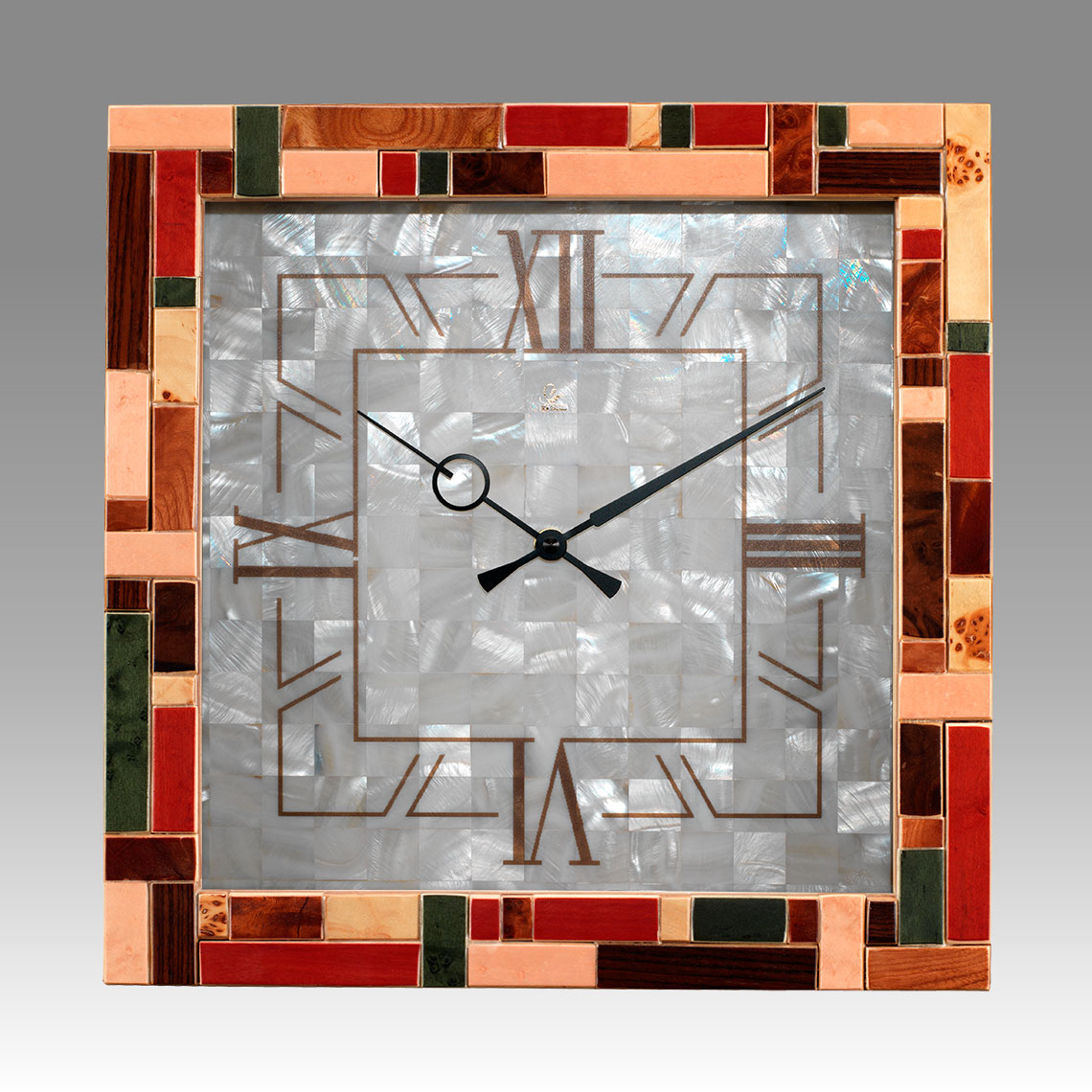 Wall Clock-Vienna Clock 205_1 polychromed mosaic inaly,real matherpearl dial, quartz battery movement